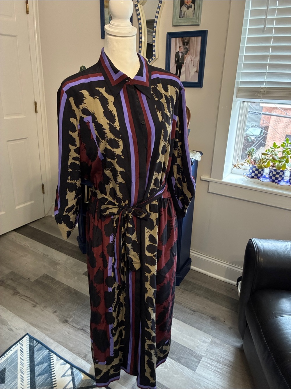Diane Von Furstenberg Black, Burgundy & Purple Shirt Midi Dress